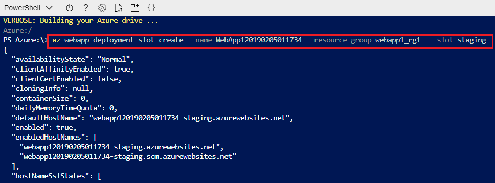 Screenshot of the Azure Cloud Shell with the Azure CLI command having been run to crate a deployment slot 